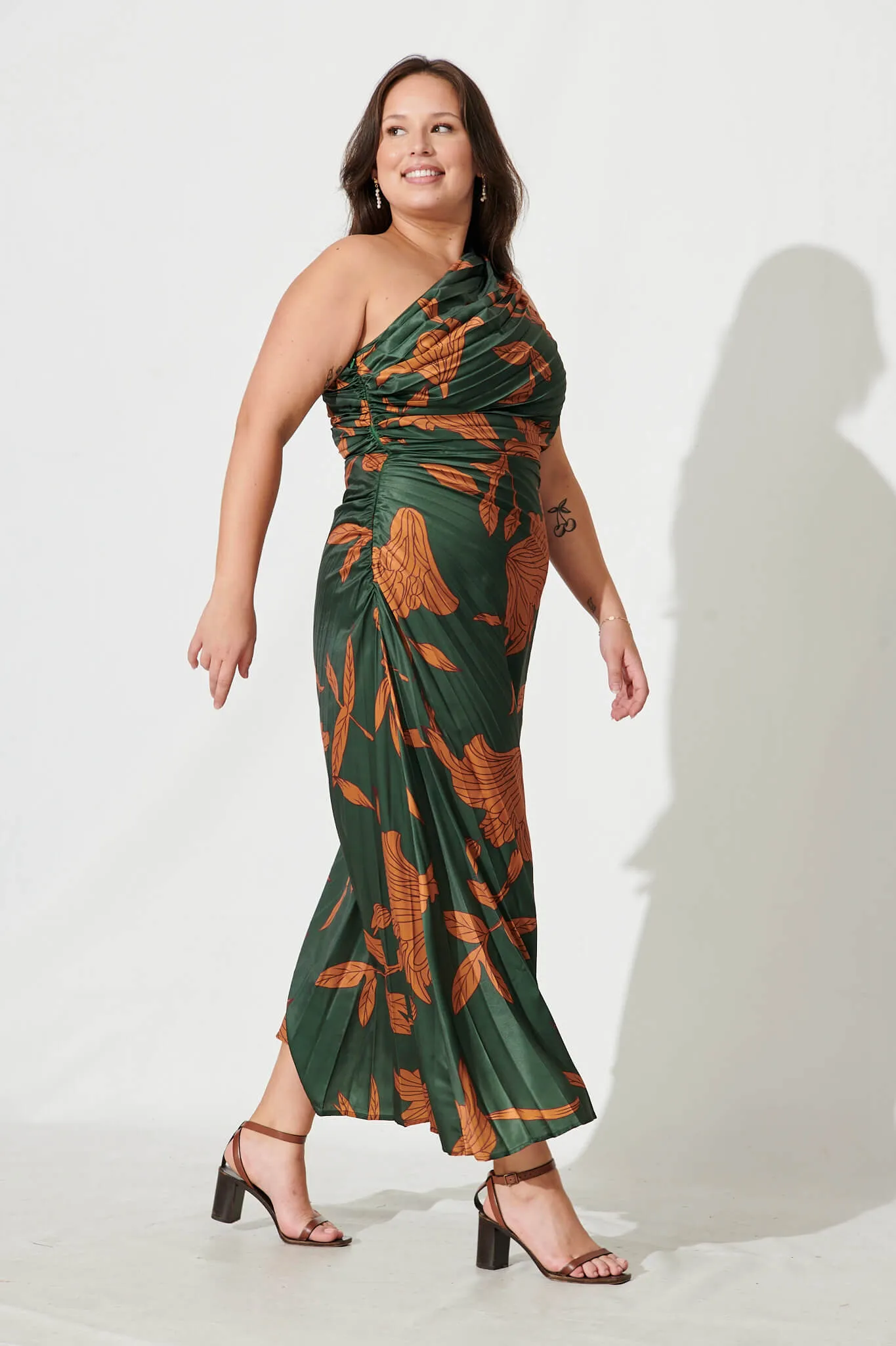 Toulon One Shoulder Maxi Dress In Khaki With Rust Leaf Print Pleated Satin