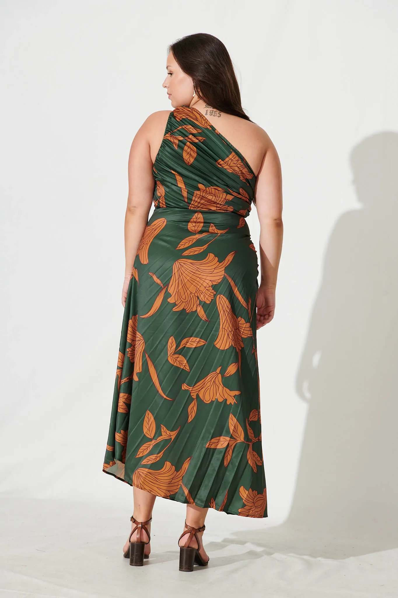 Toulon One Shoulder Maxi Dress In Khaki With Rust Leaf Print Pleated Satin