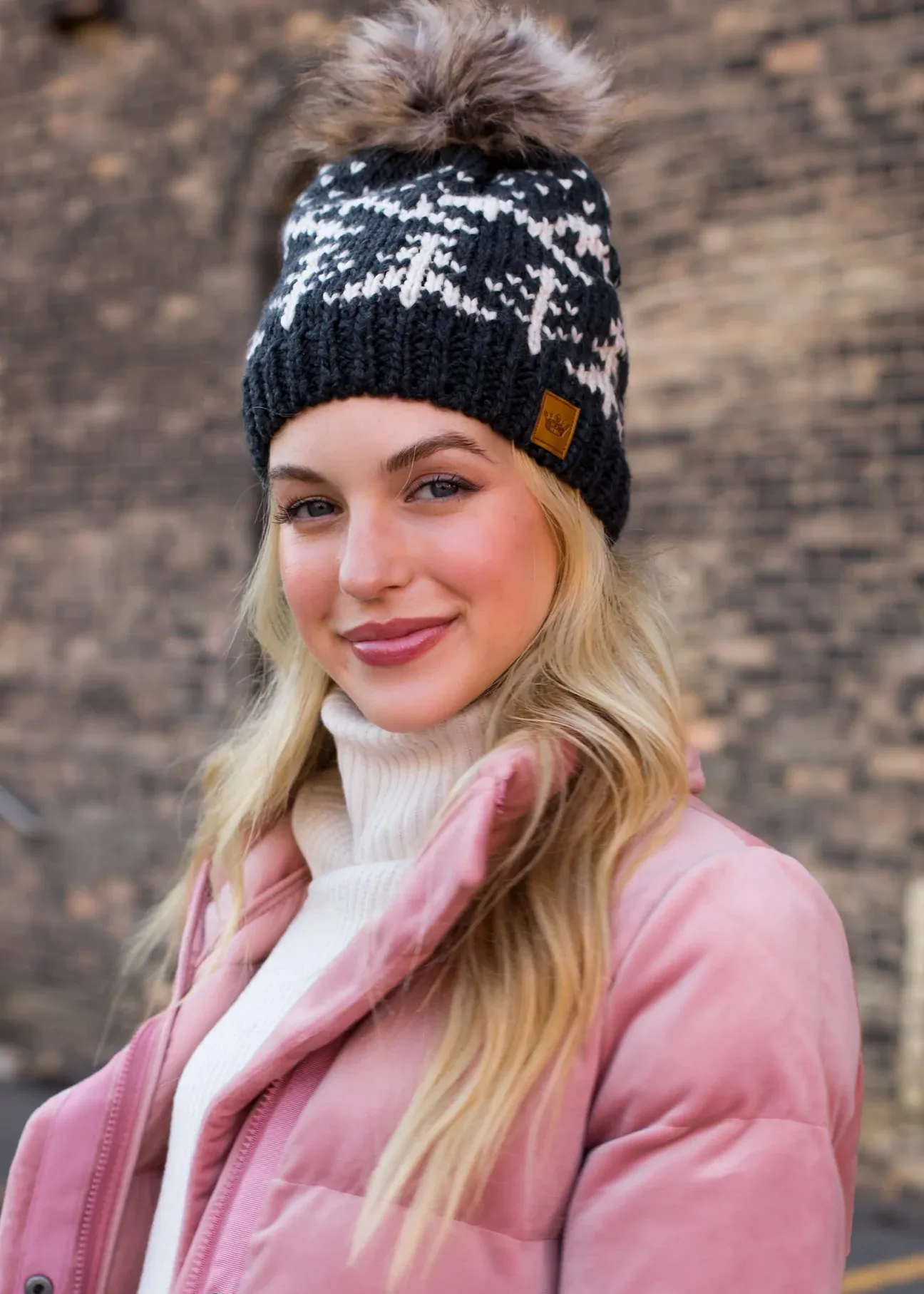 Tree Pattern Knit Hat with Faux Fur Pom