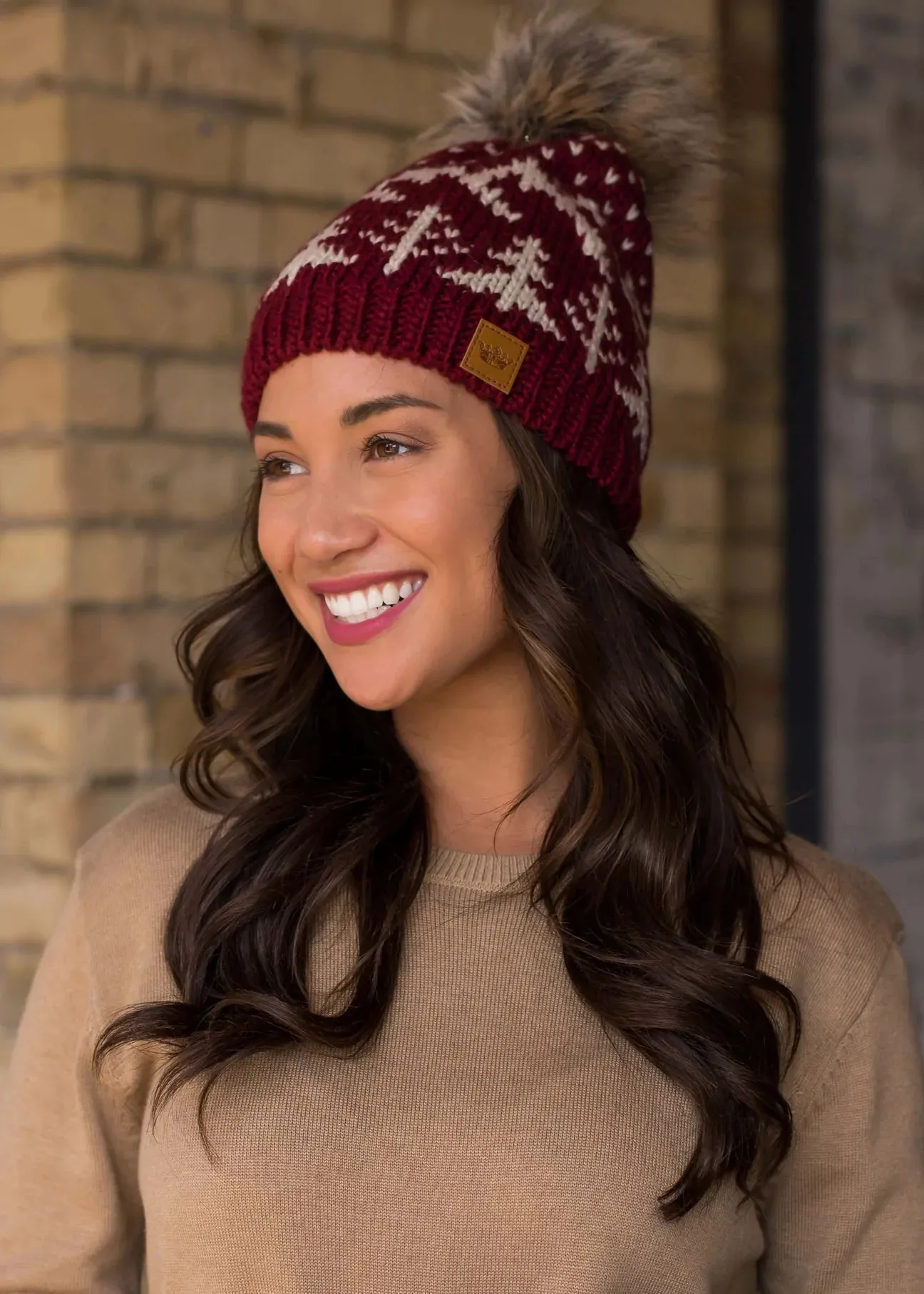 Tree Pattern Knit Hat with Faux Fur Pom