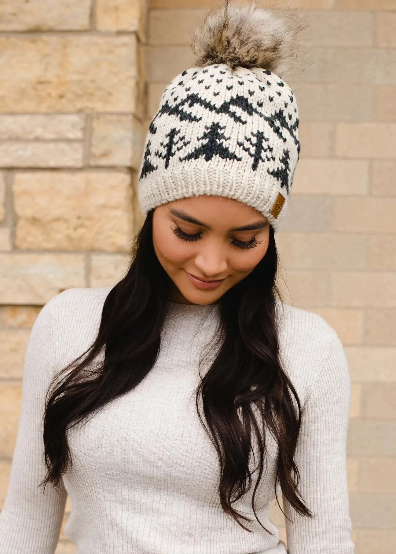 Tree Pattern Knit Hat with Faux Fur Pom