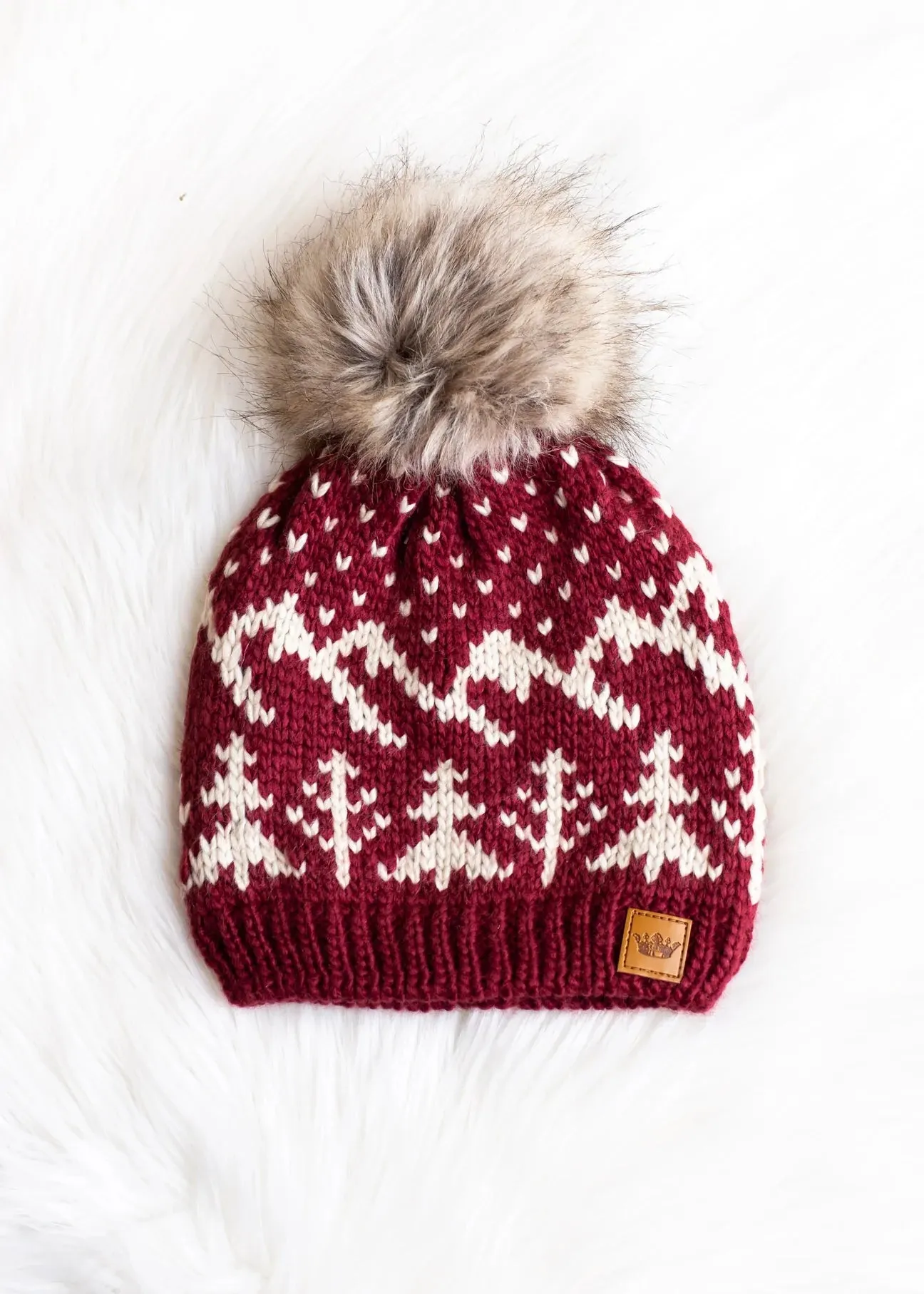 Tree Pattern Knit Hat with Faux Fur Pom