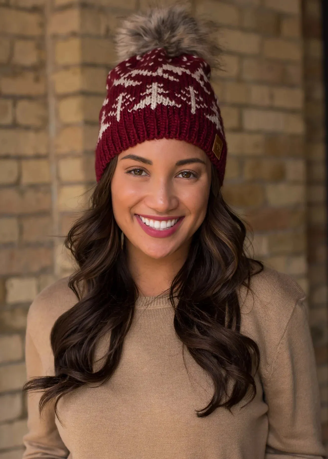 Tree Pattern Knit Hat with Faux Fur Pom