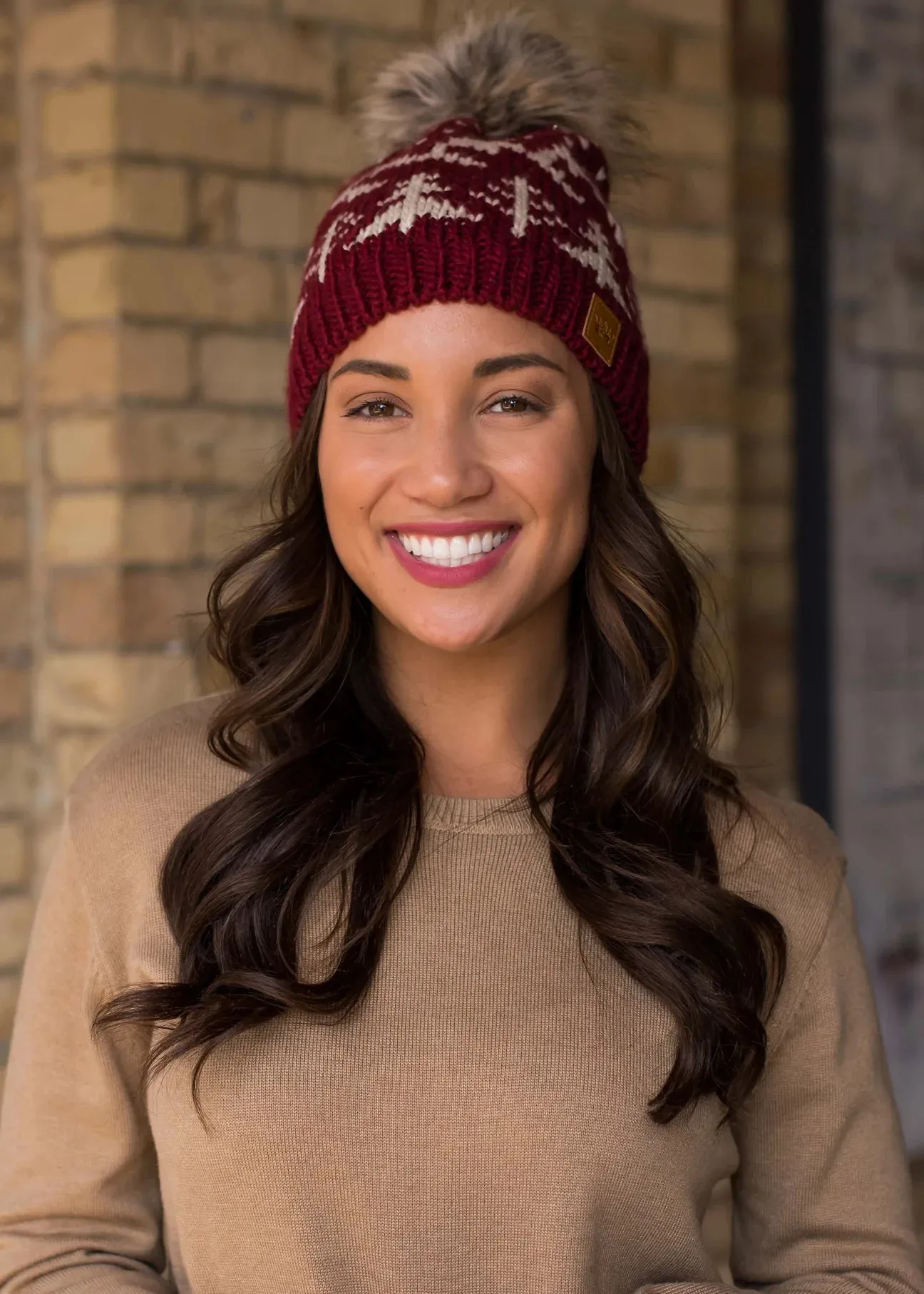 Tree Pattern Knit Hat with Faux Fur Pom