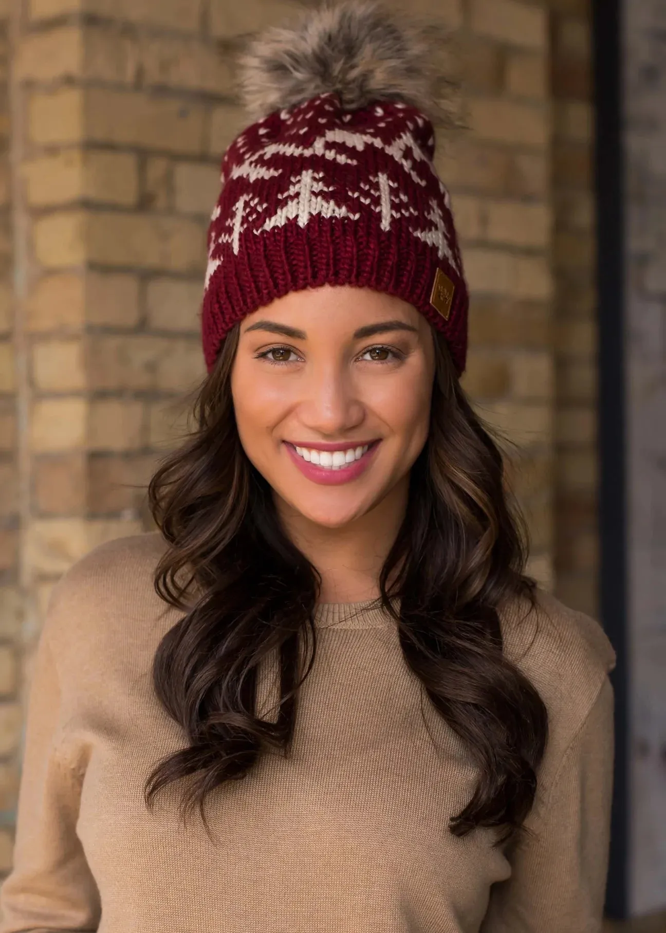 Tree Pattern Knit Hat with Faux Fur Pom