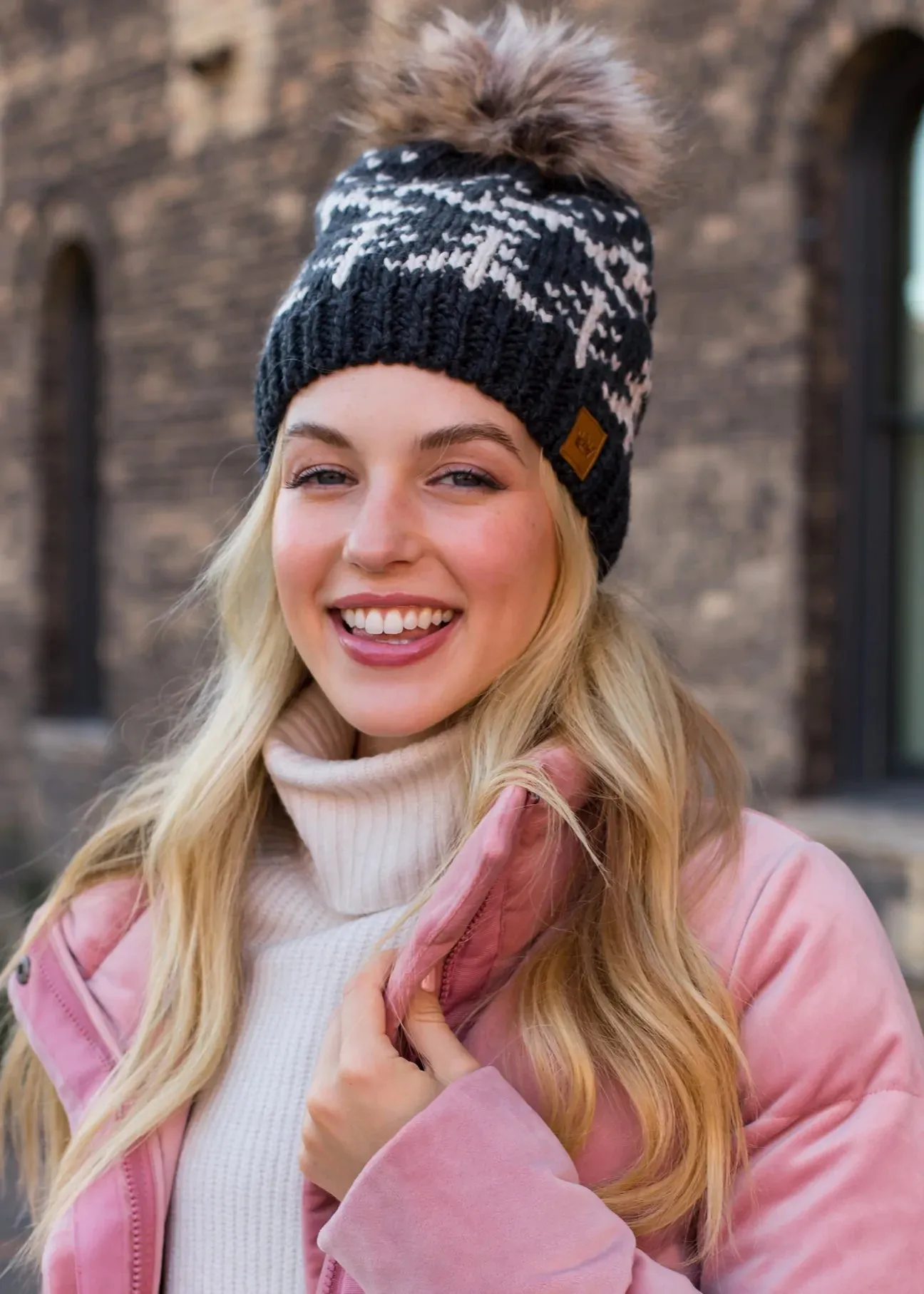 Tree Pattern Knit Hat with Faux Fur Pom