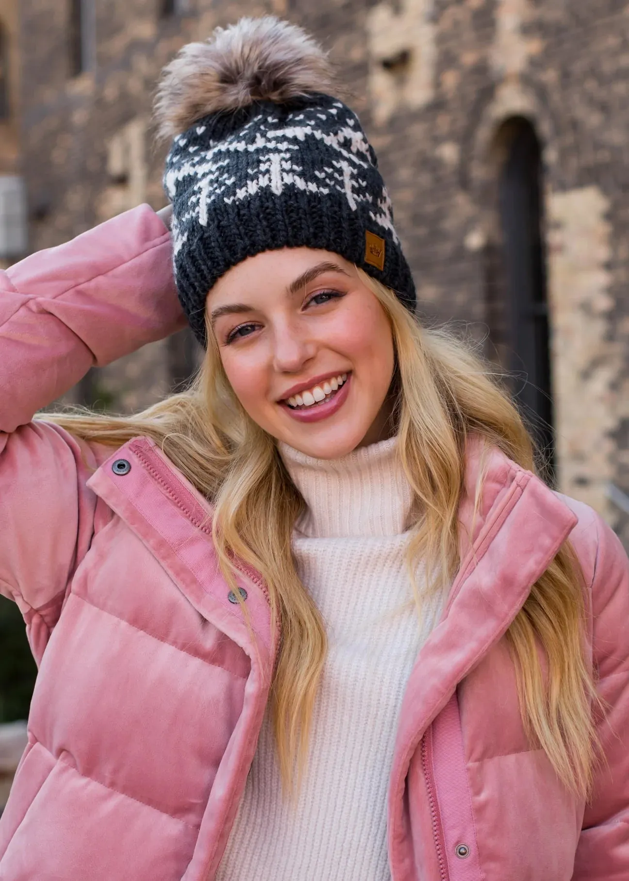 Tree Pattern Knit Hat with Faux Fur Pom