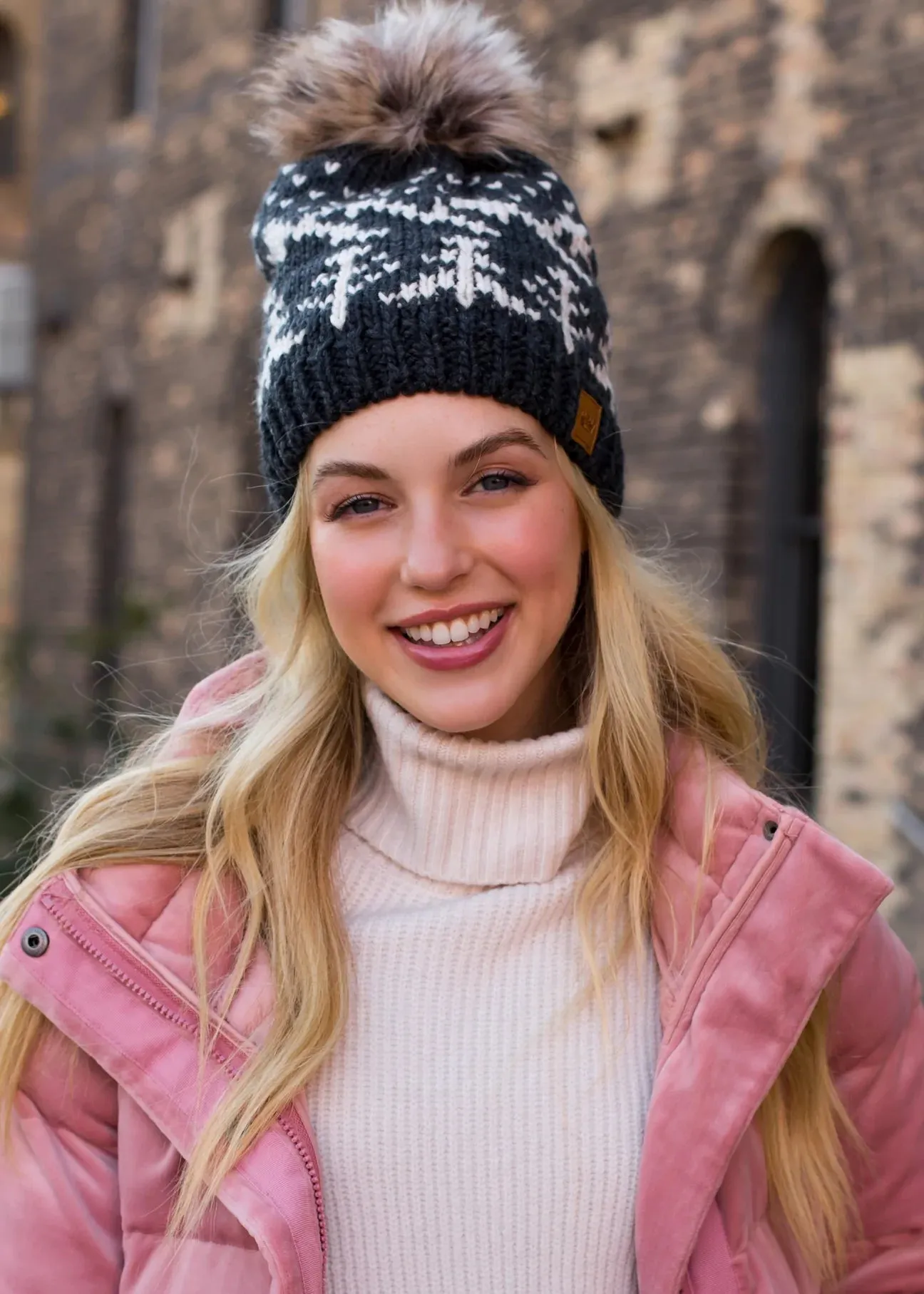 Tree Pattern Knit Hat with Faux Fur Pom