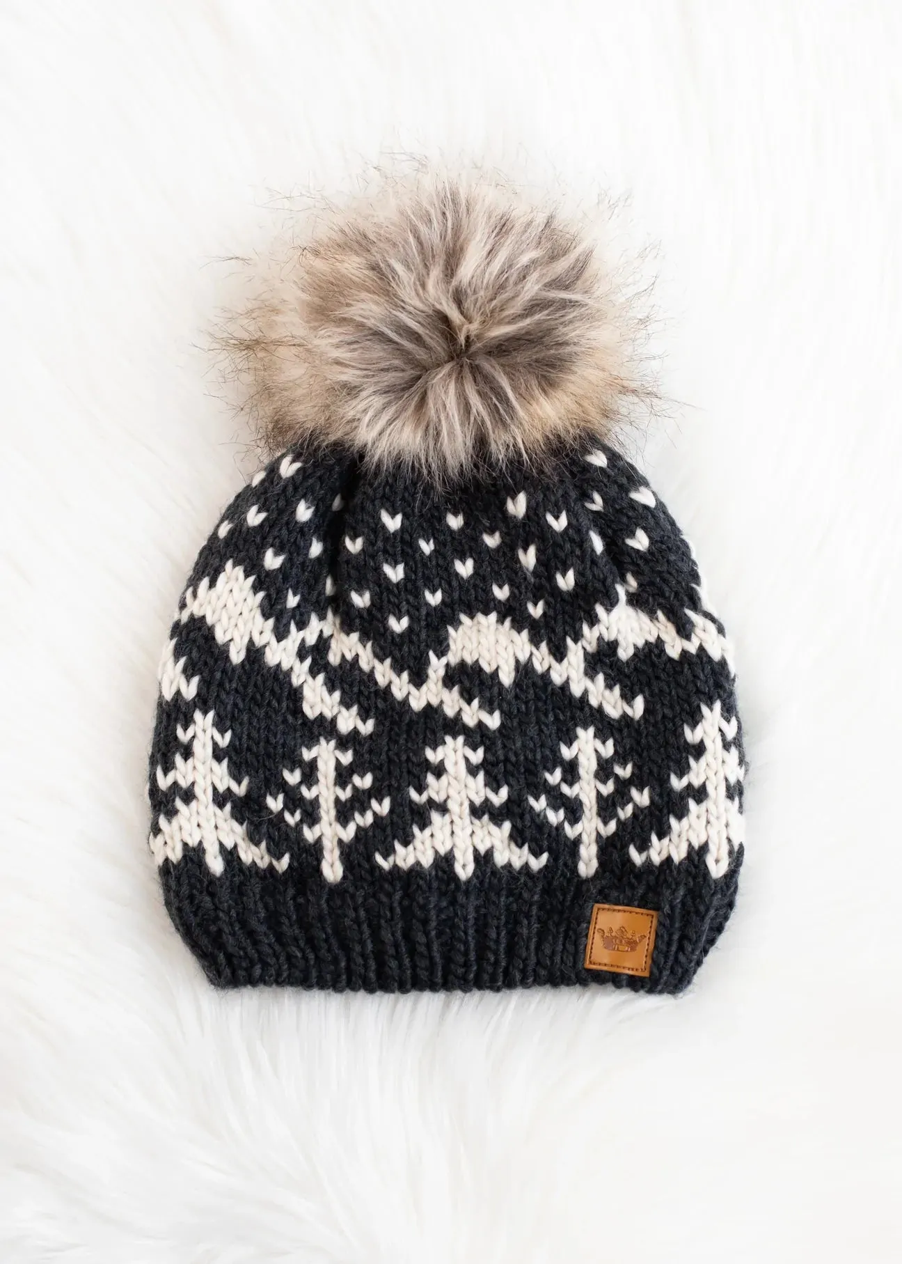 Tree Pattern Knit Hat with Faux Fur Pom