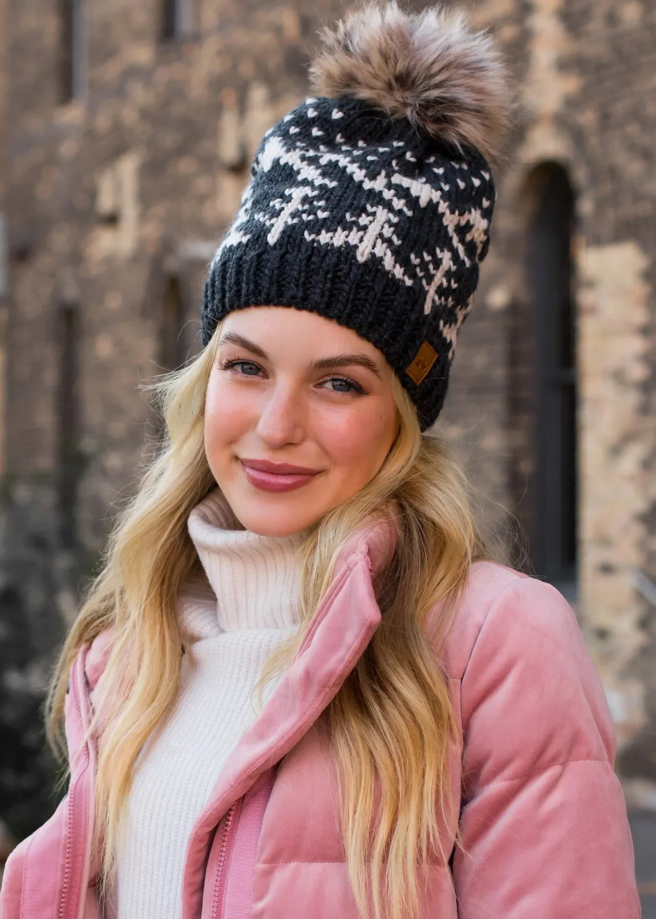 Tree Pattern Knit Hat with Faux Fur Pom