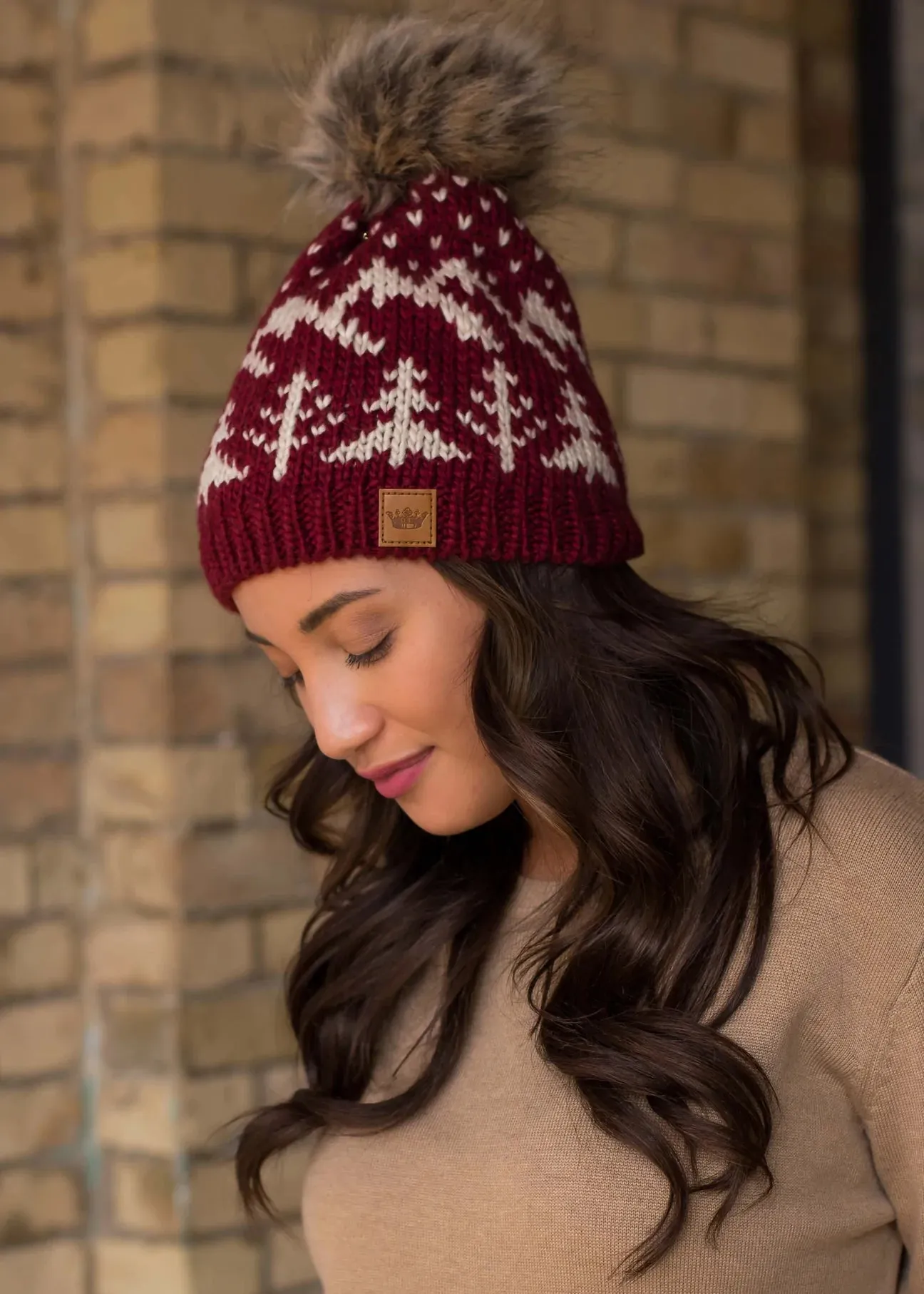 Tree Pattern Knit Hat with Faux Fur Pom