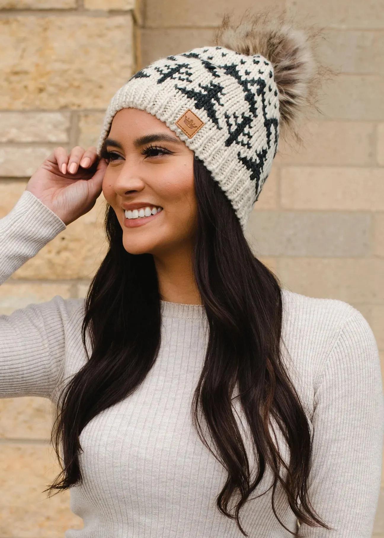 Tree Pattern Knit Hat with Faux Fur Pom