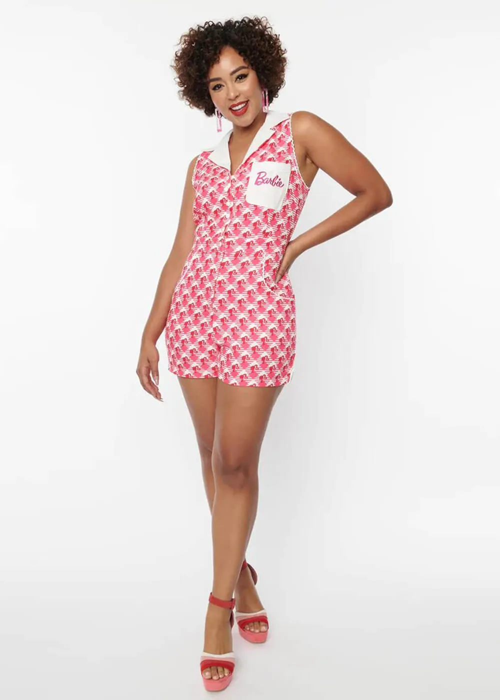 Unique Vintage x Barbie Shelby Gingham 50's Playsuit Pink - Shop Now!