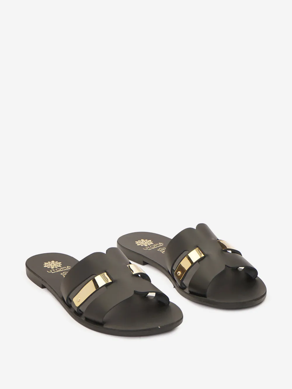 Smooth leather slip-on sandals with metal strap - Utopia