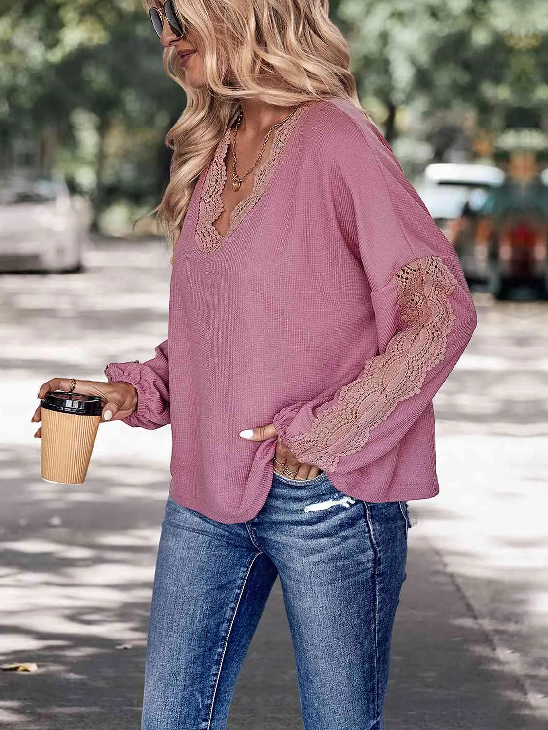 V-Neck Top with Lace Detail