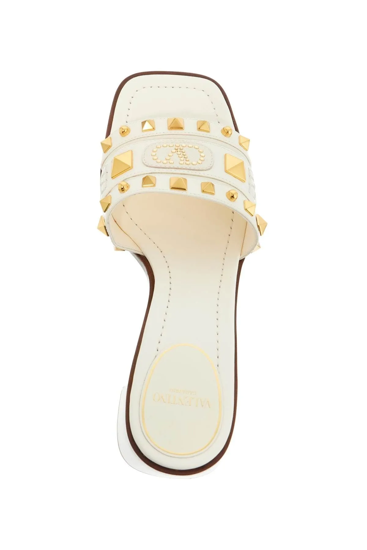 Valentino Garavani Ivory Leather Slippers With Golden Studs And Low Heel