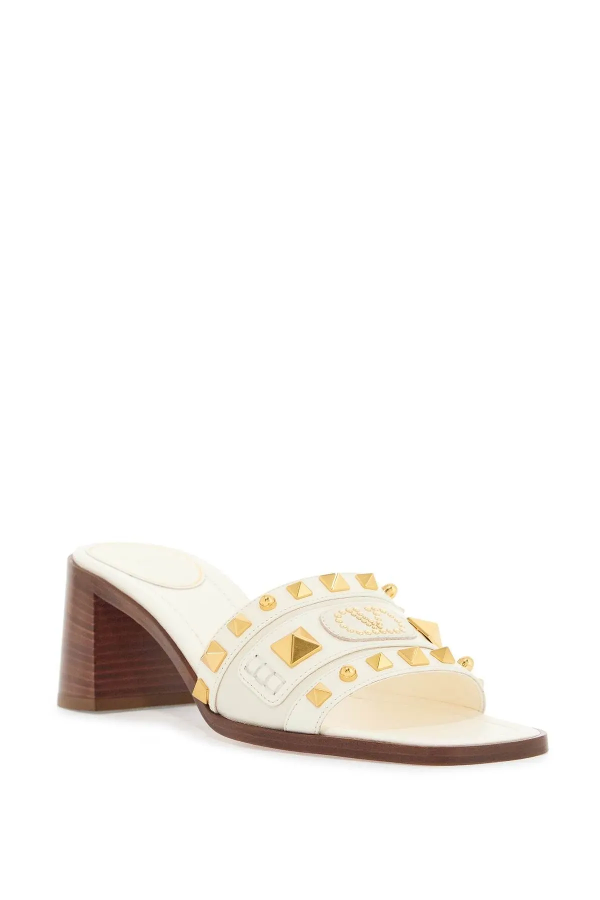 Valentino Garavani Ivory Leather Slippers With Golden Studs And Low Heel