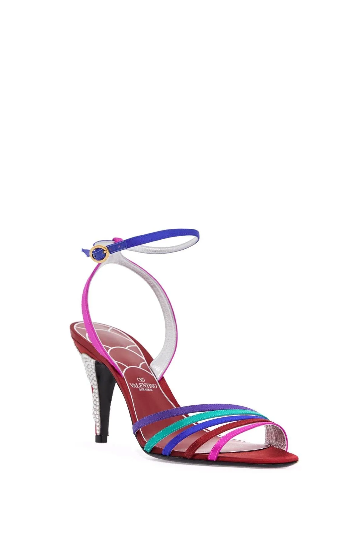 Valentino Garavani Multicolor High Heel Sandals With Strass In Calfskin And Red Sole