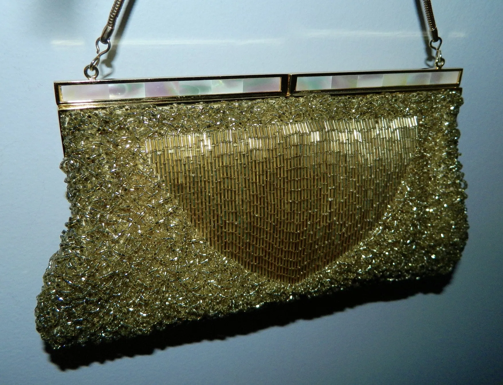 vintage 1950s gold evening bag Mr. John beaded purse Mother of Pearl clasp