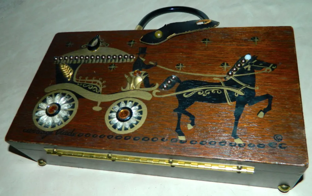 vintage 1960s Enid Collins wooden purse Carriage Trade handbag jeweled box bag