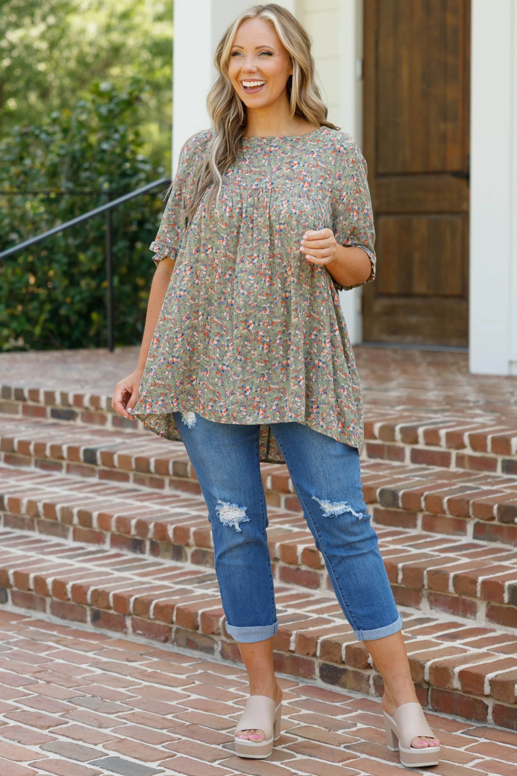 Olive Flower Print Top - Shop Now