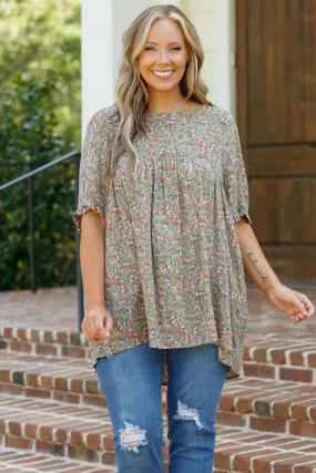 Olive Flower Print Top - Shop Now