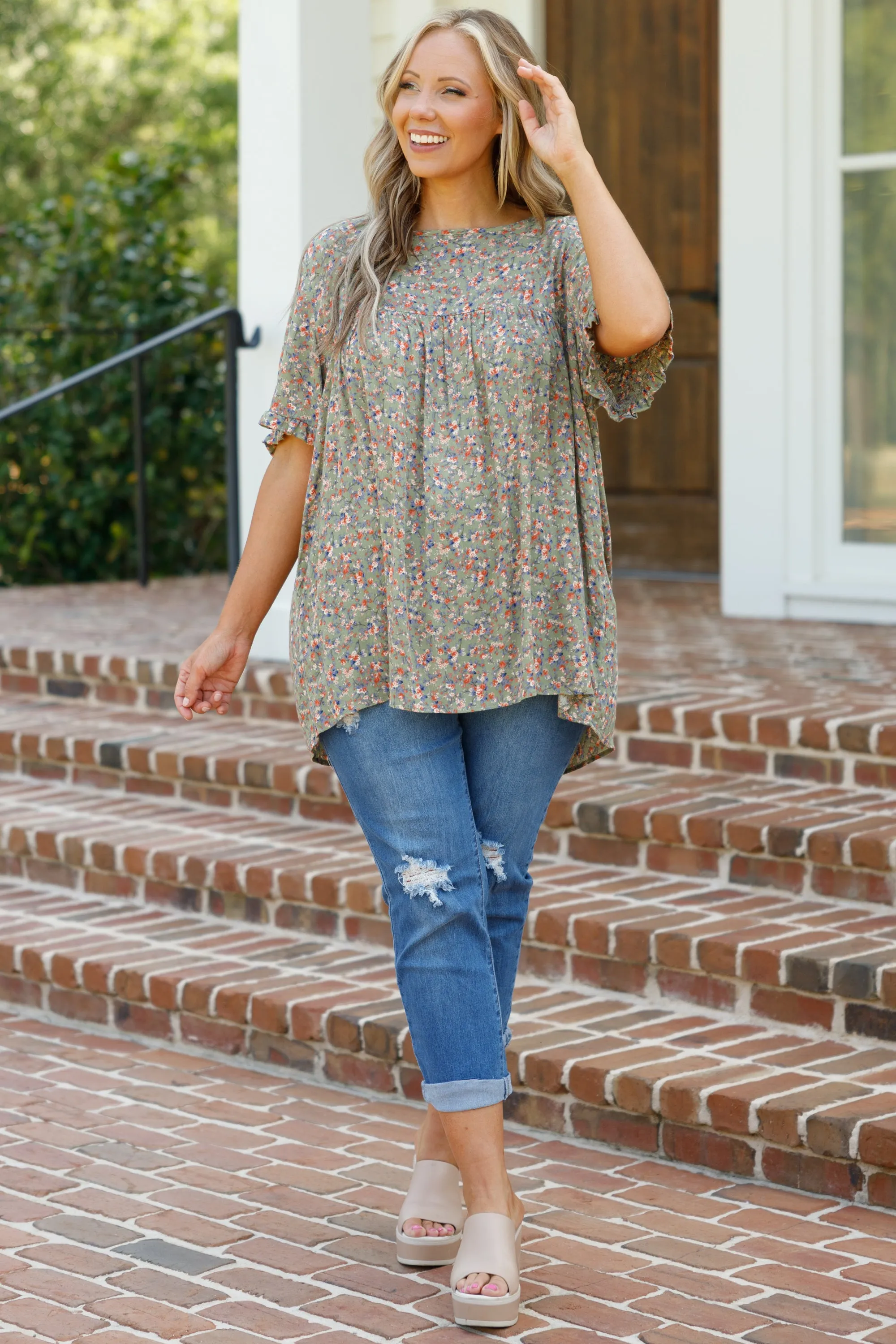 Olive Flower Print Top - Shop Now