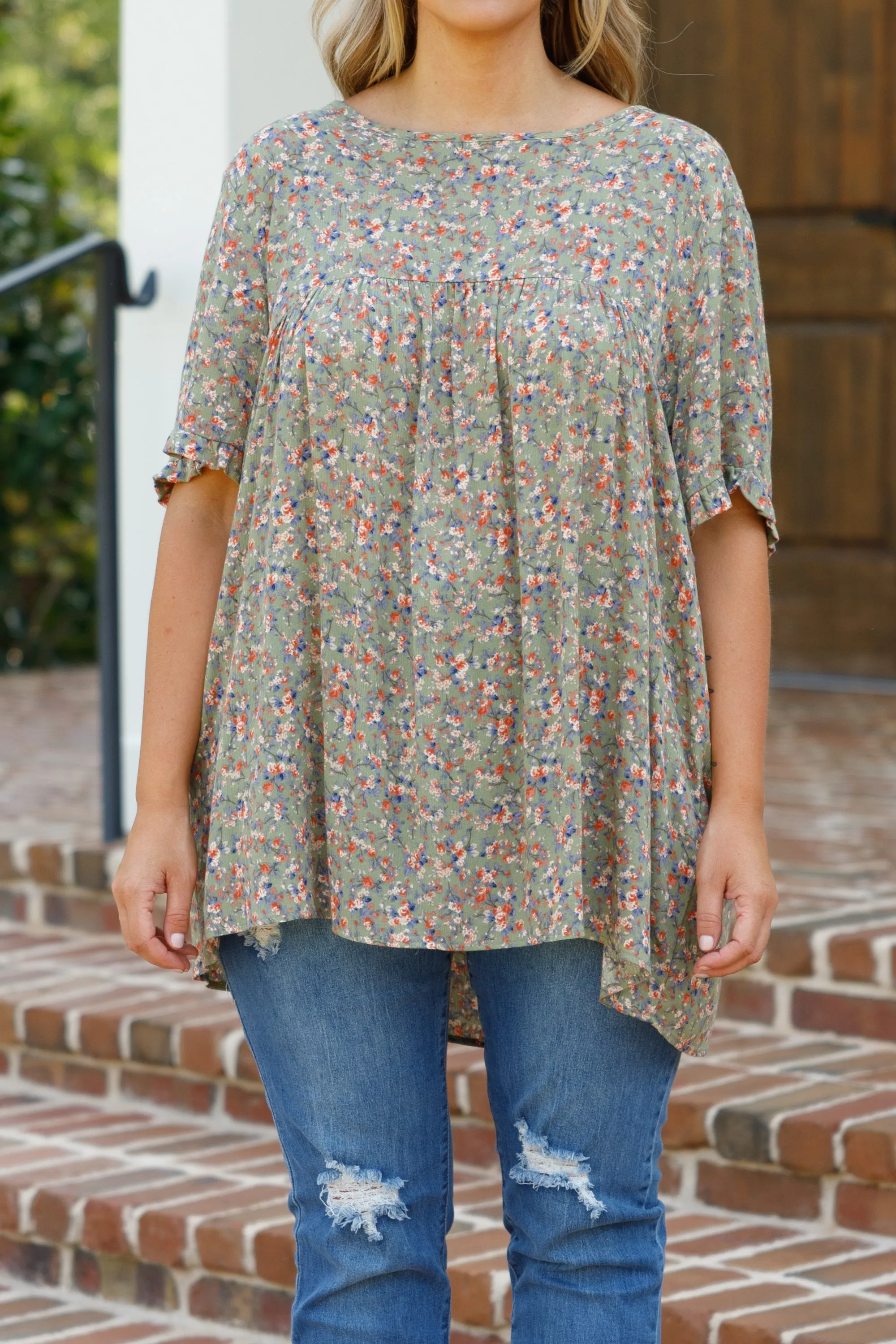 Olive Flower Print Top - Shop Now