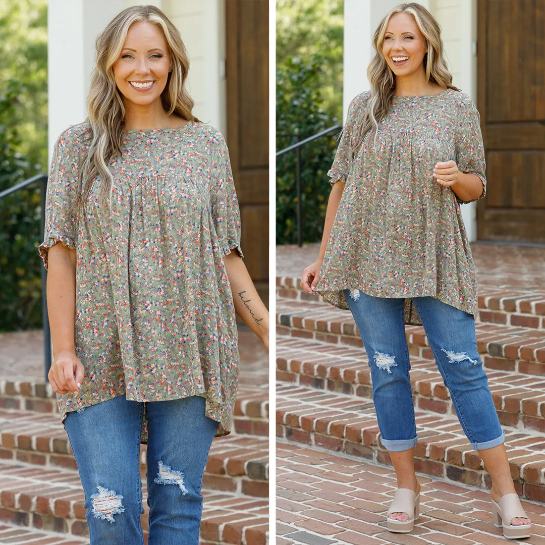 Olive Flower Print Top - Shop Now