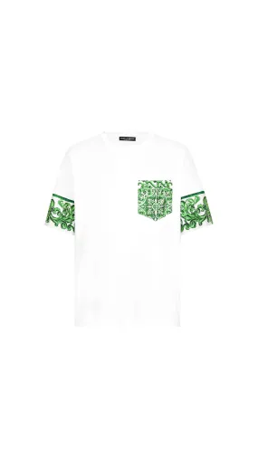 White and Green Majolica Print Cotton T-shirt with Breast Pocket