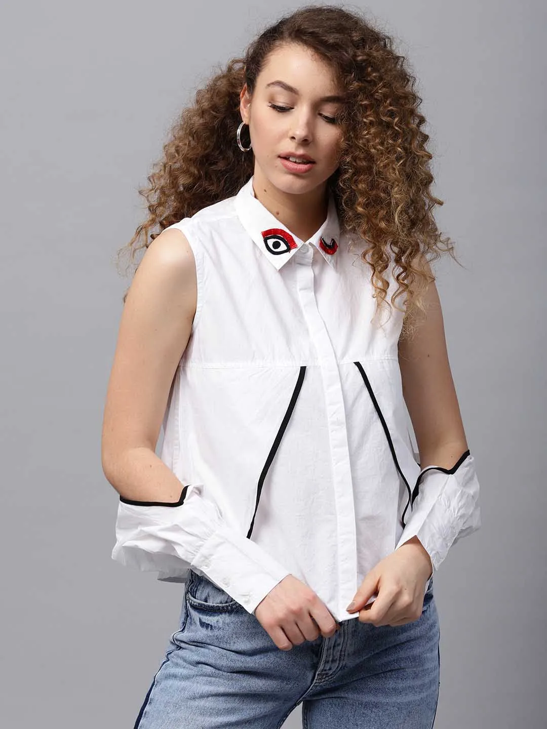 White Eye Patch Cold Shoulder Shirt