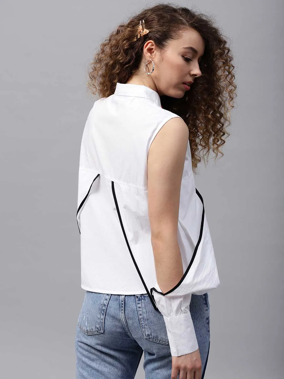 White Eye Patch Cold Shoulder Shirt