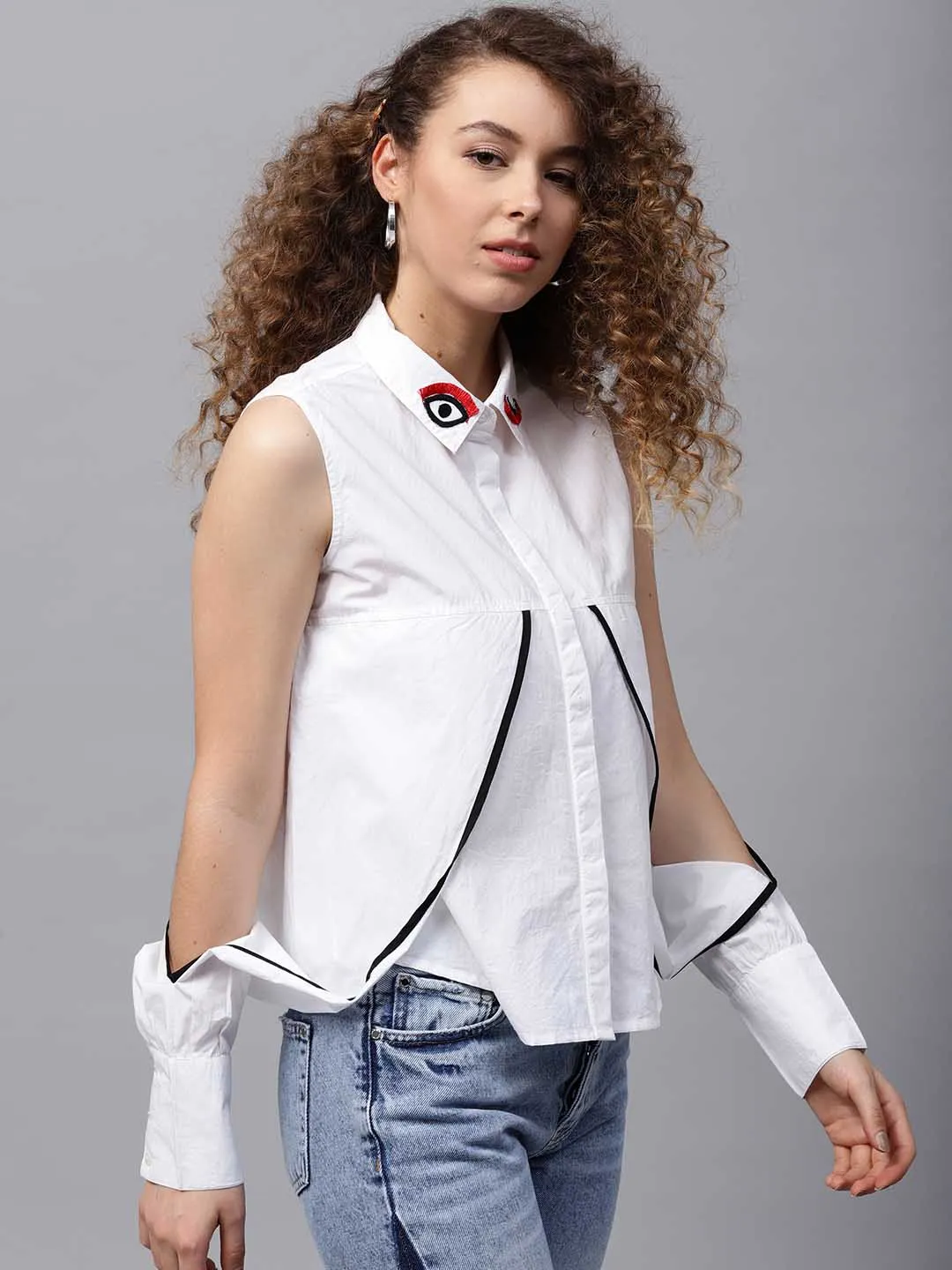 White Eye Patch Cold Shoulder Shirt