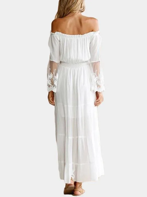 White Lace Details Off The Shoulder Flared Sleeves Maxi Dress