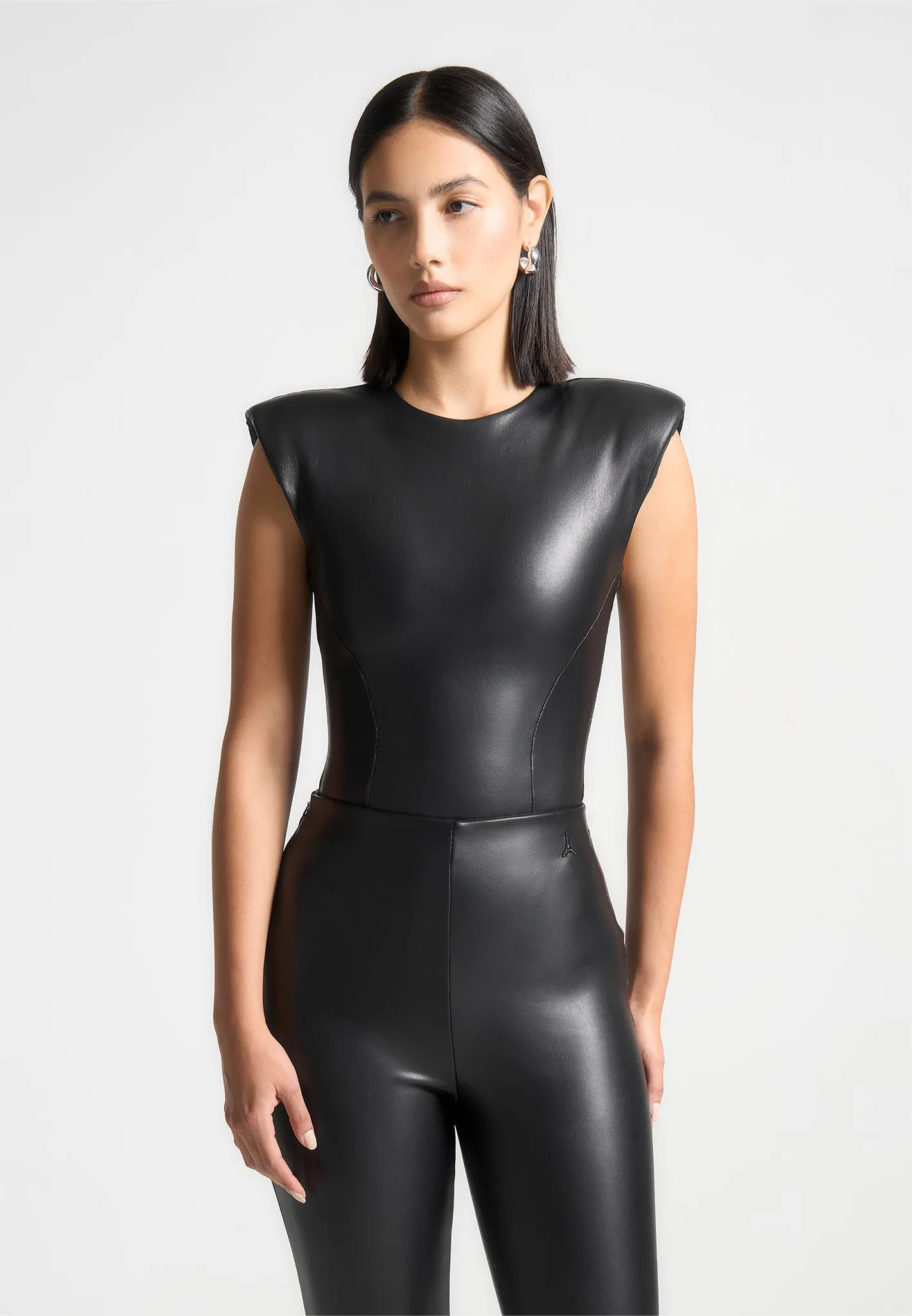 Wide Shoulder Leather Bodysuit - Black