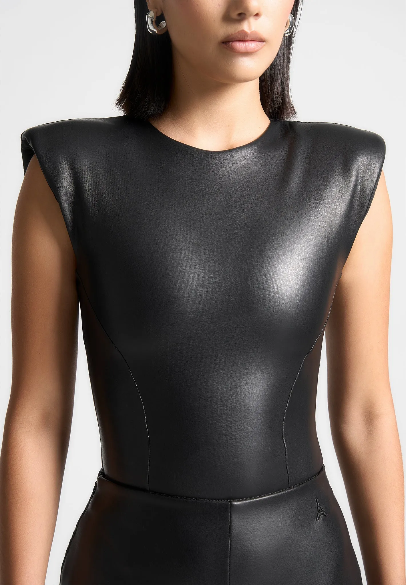 Wide Shoulder Leather Bodysuit - Black