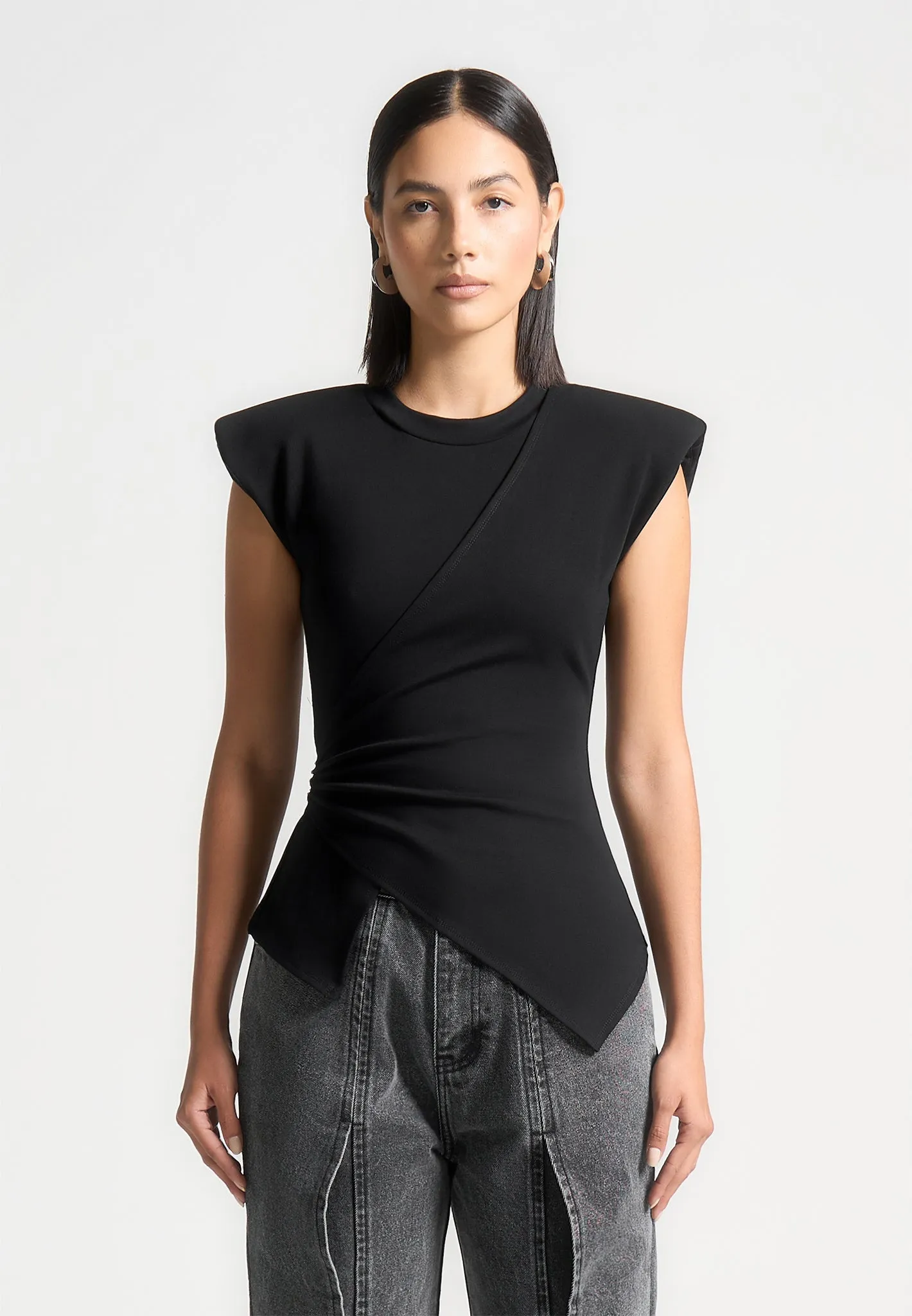 Wide Shoulder Ruched Waist Top - Black