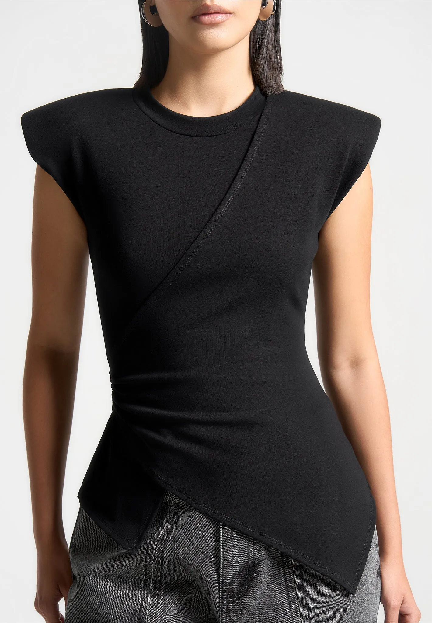 Wide Shoulder Ruched Waist Top - Black