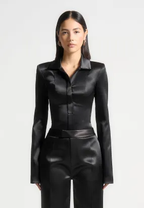 Wide Shoulder Satin Shirt Bodysuit - Black