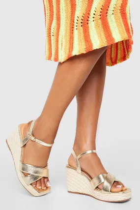 Wide Width Metallic Square Toe Cross Strap Wedges