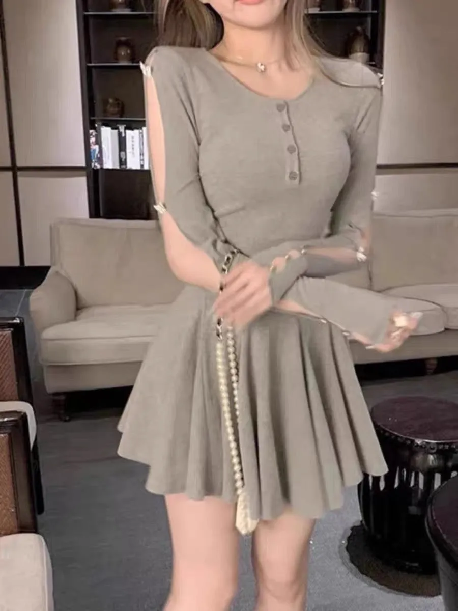 With safety pants, gray long-sleeved tight-fitting sexy T-shirt dress with sexy design, hot girl French slim puffy dress summer 