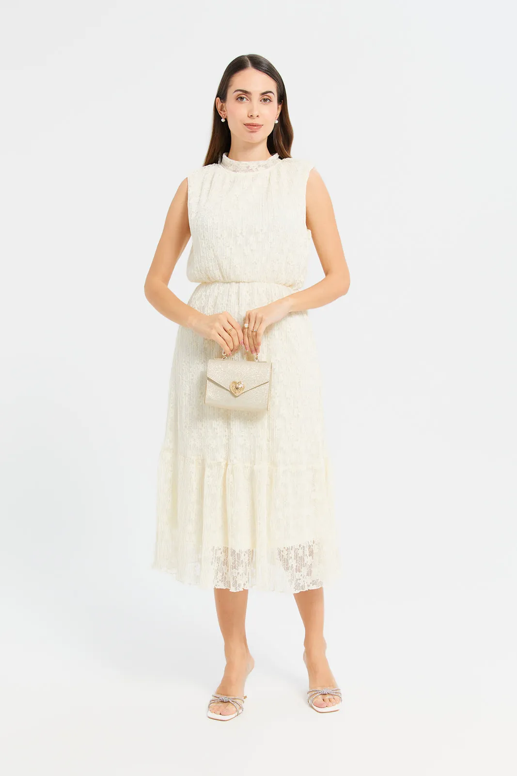 Woman Ivory Jacquard Lace Dress