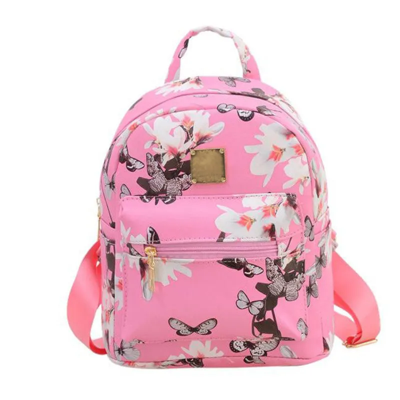 Korean Floral Print PU Leather Backpack for Teen Girls