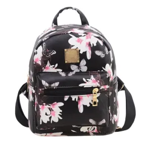 Korean Floral Print PU Leather Backpack for Teen Girls