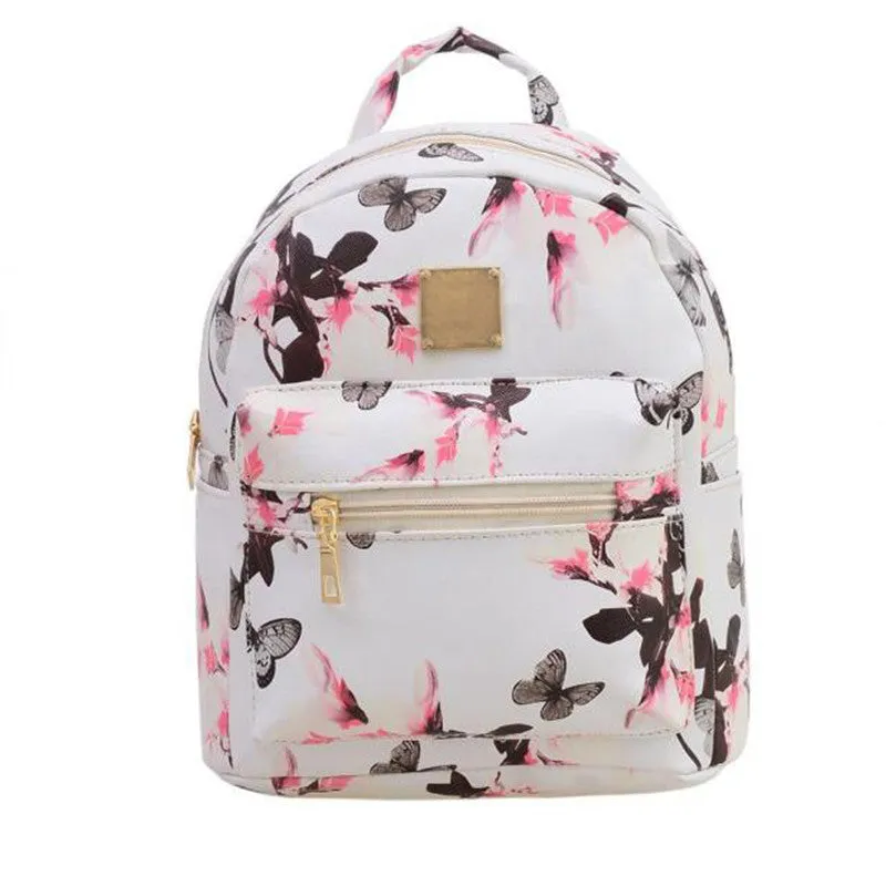 Korean Floral Print PU Leather Backpack for Teen Girls