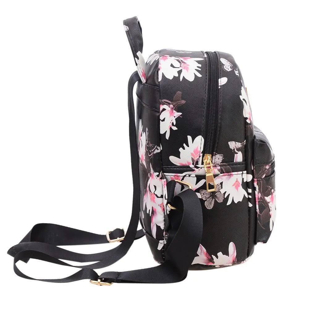 Korean Floral Print PU Leather Backpack for Teen Girls