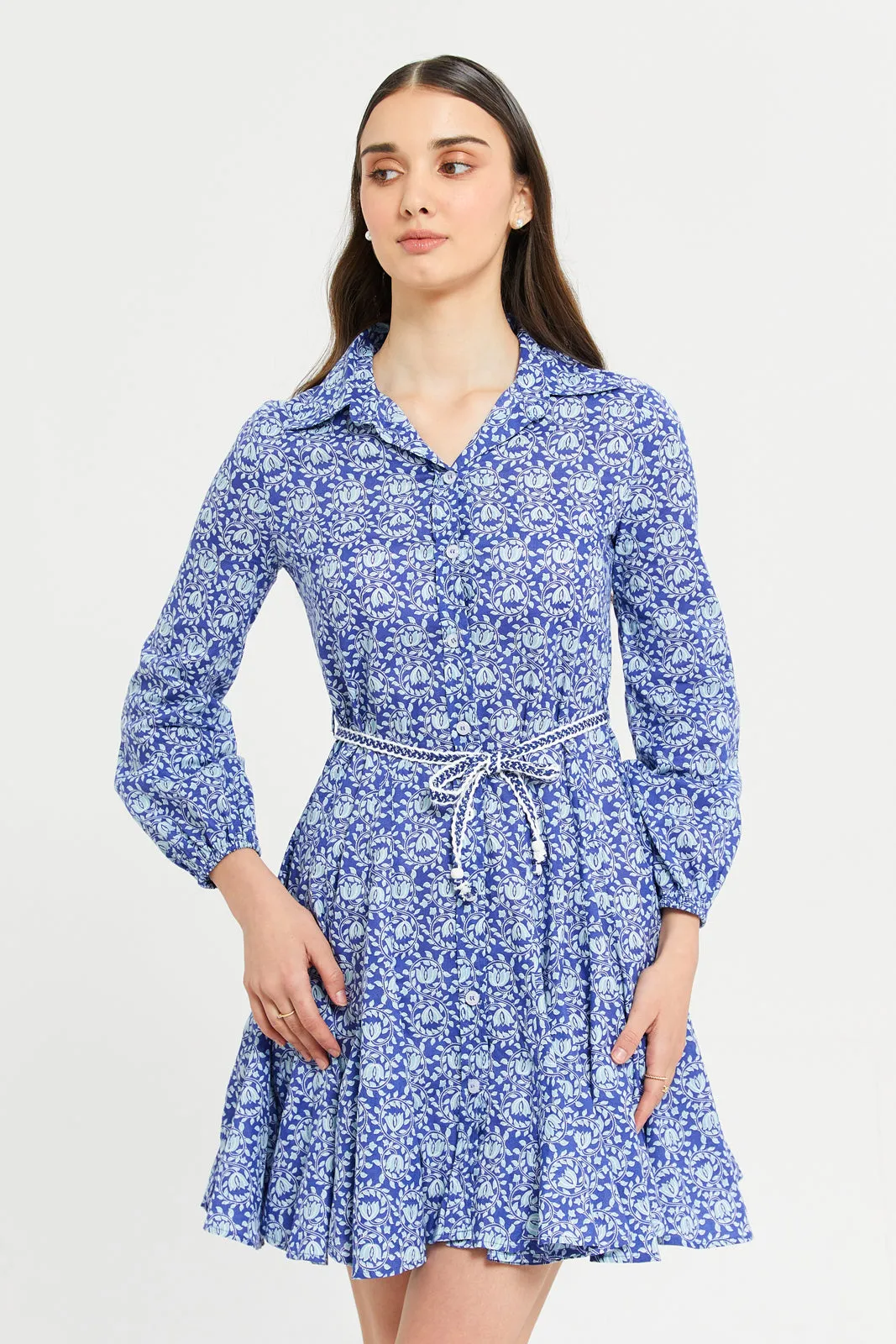 Women Blue Printed Long Sleeve Dress