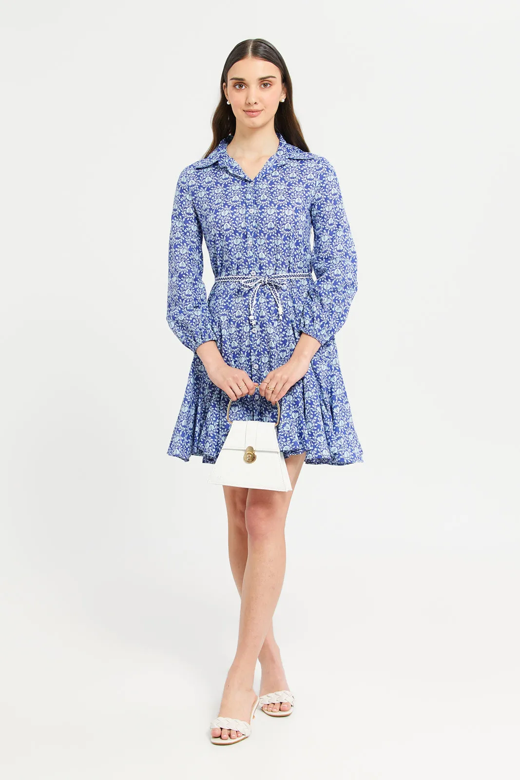 Women Blue Printed Long Sleeve Dress