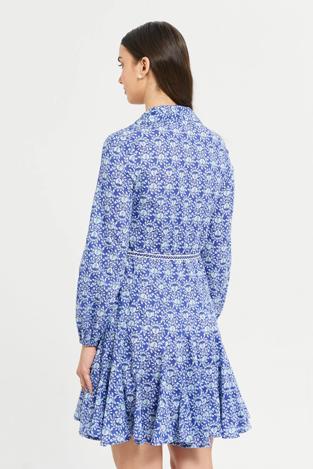 Women Blue Printed Long Sleeve Dress