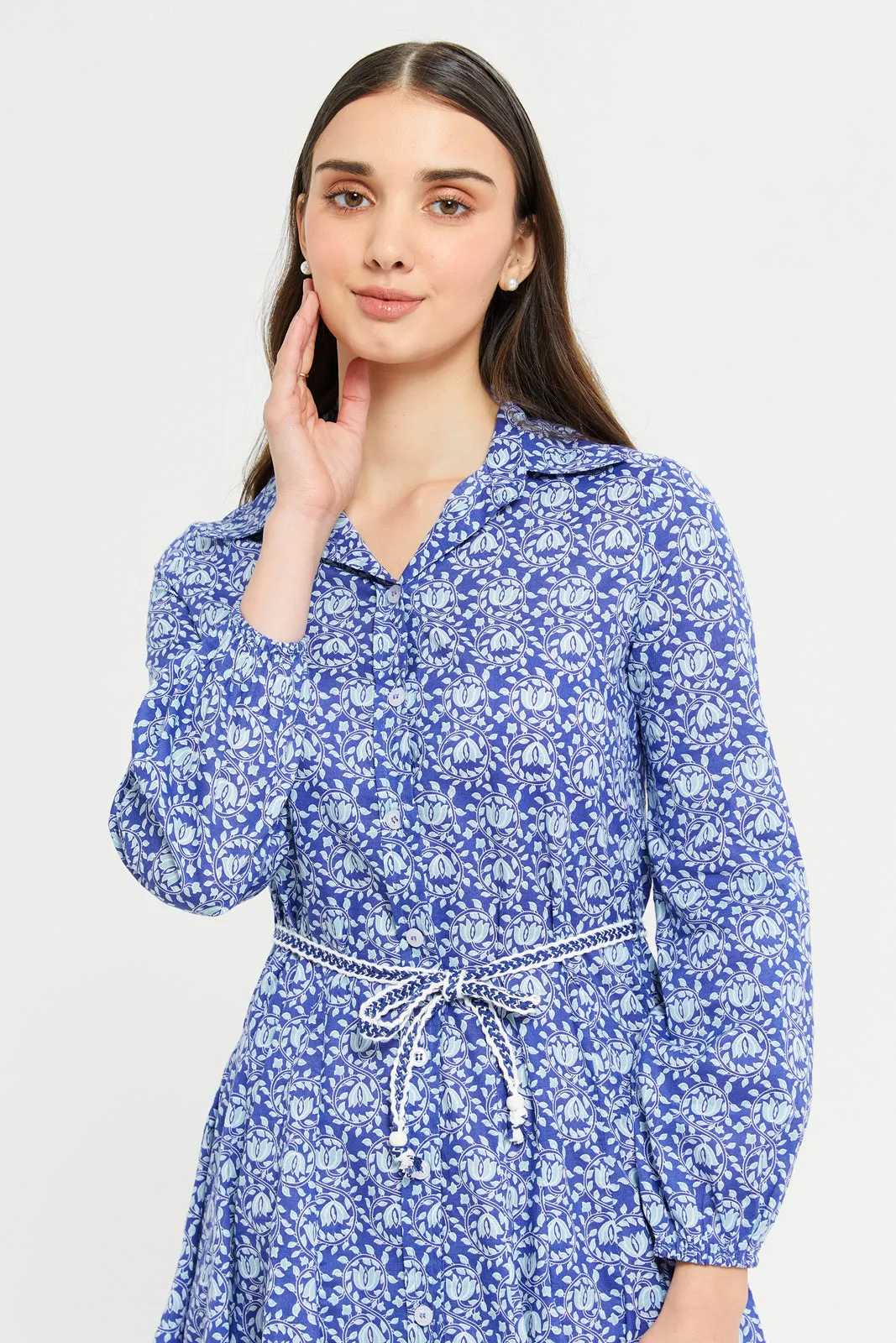 Women Blue Printed Long Sleeve Dress